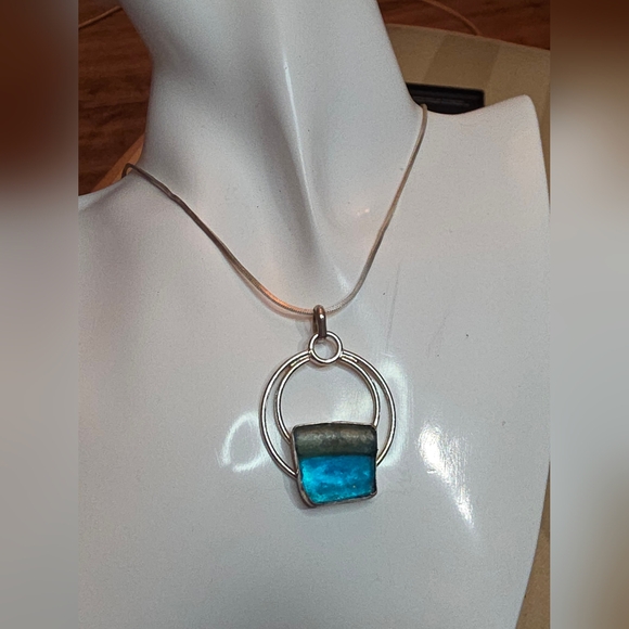 roman glass Jewelry - ANCIENT ROMAN GLASS 925 STERLING SILVER DESIGNER SIGNED PENDANT W/ 925 NECKLACE